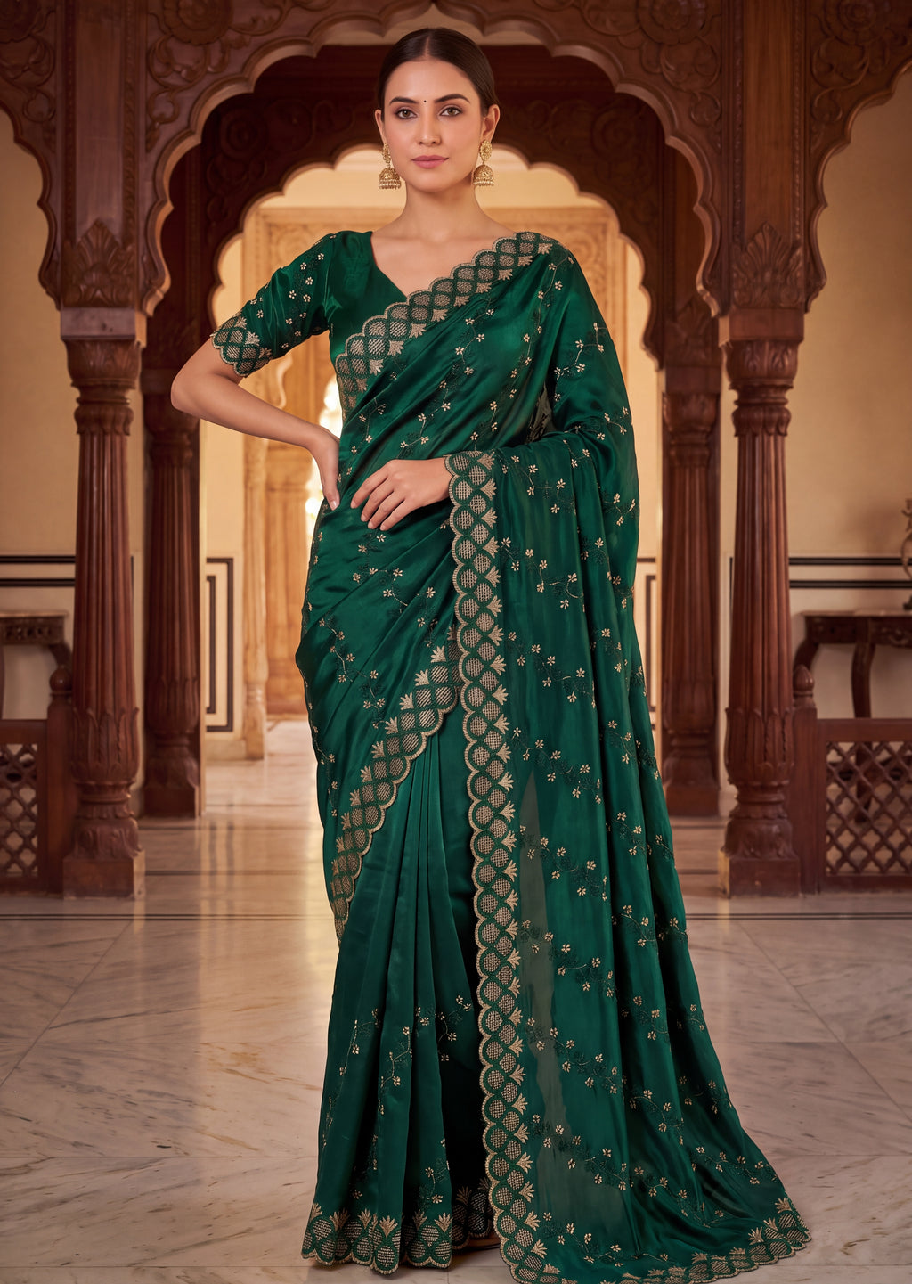 Floral Embroidered NC Satin Saree with Designer Border
