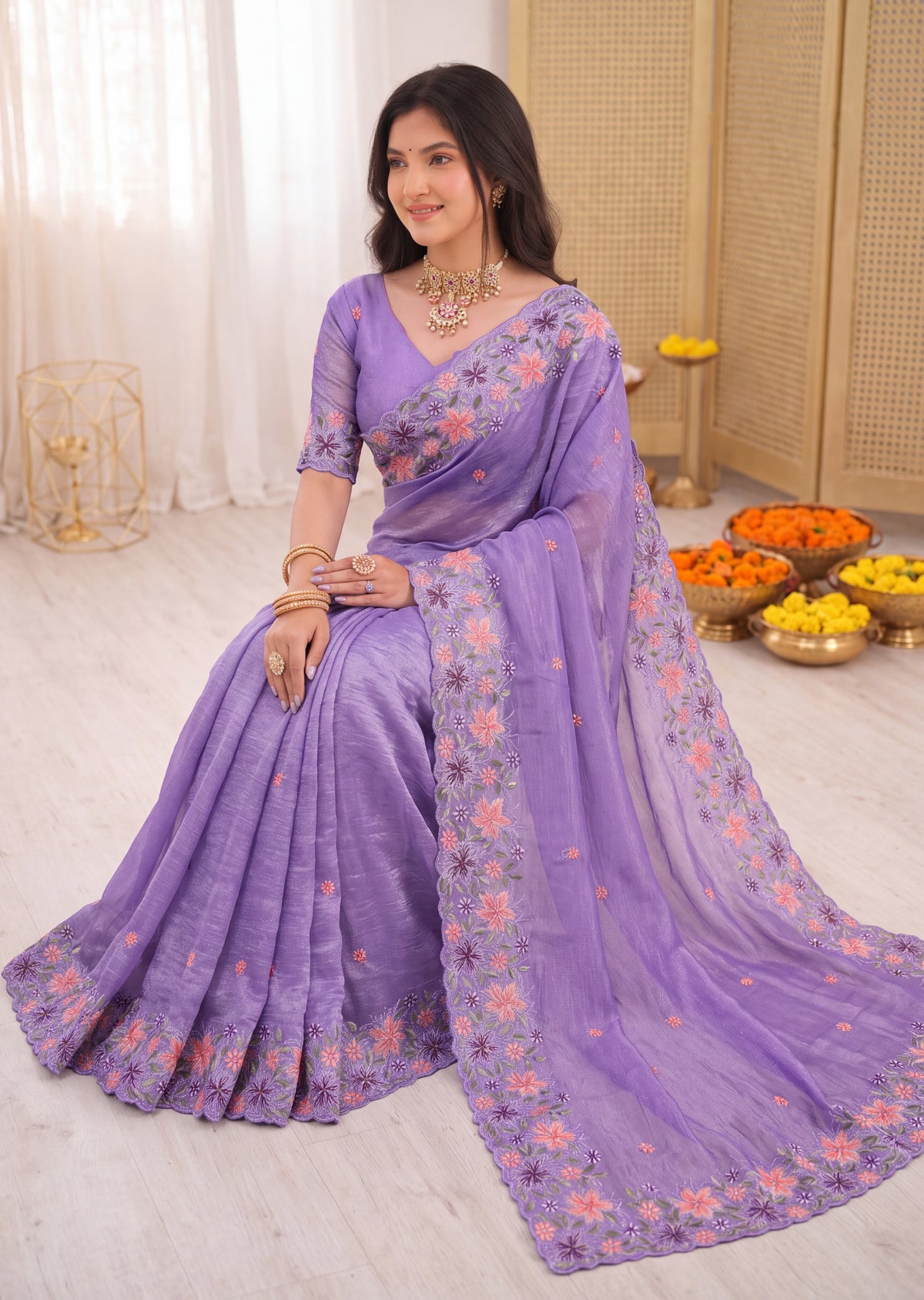 3D Floral Embroidery Two-Tone Crunchy Tissue Saree