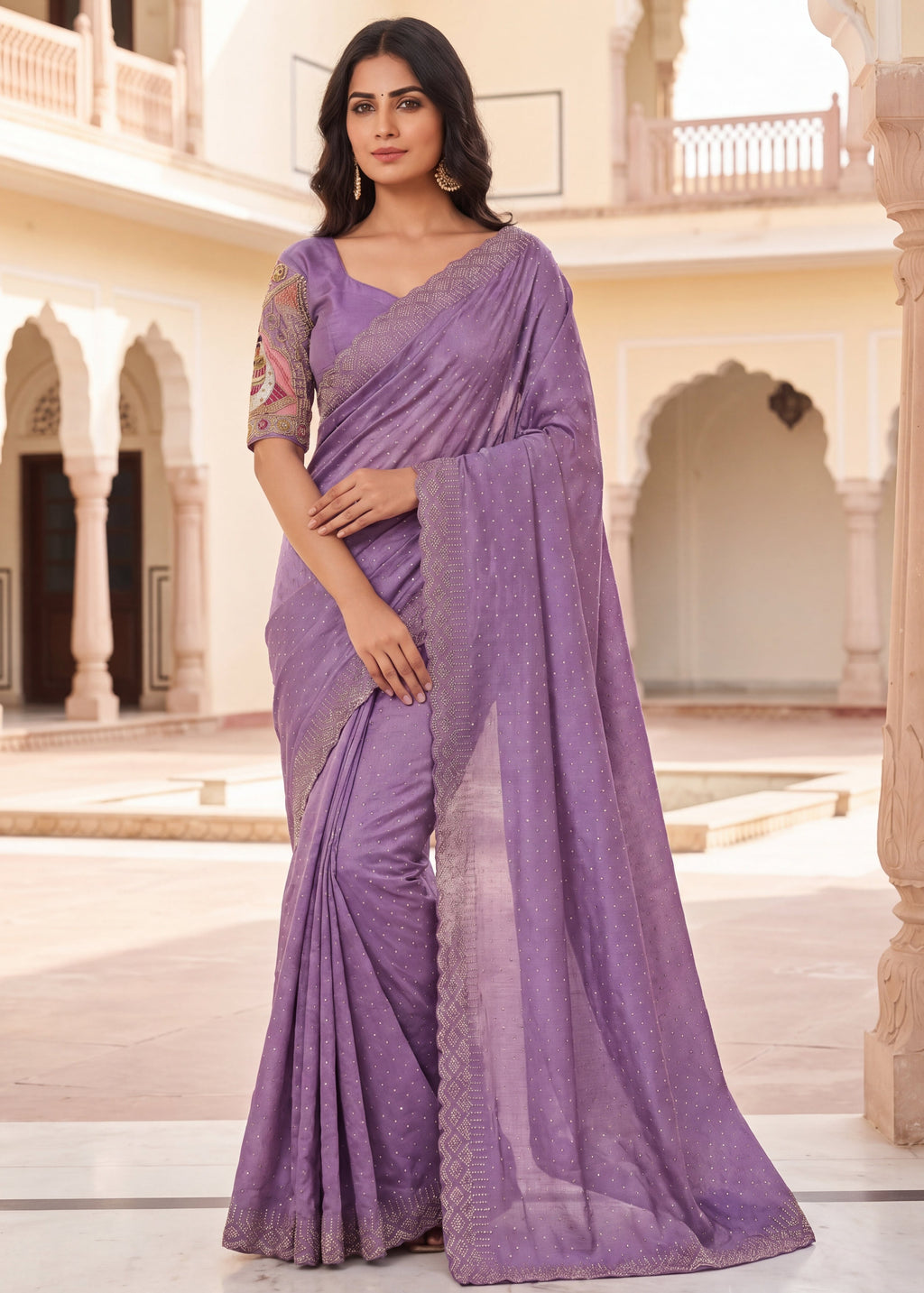 Pearl-Embellished Scalloped Border Saree