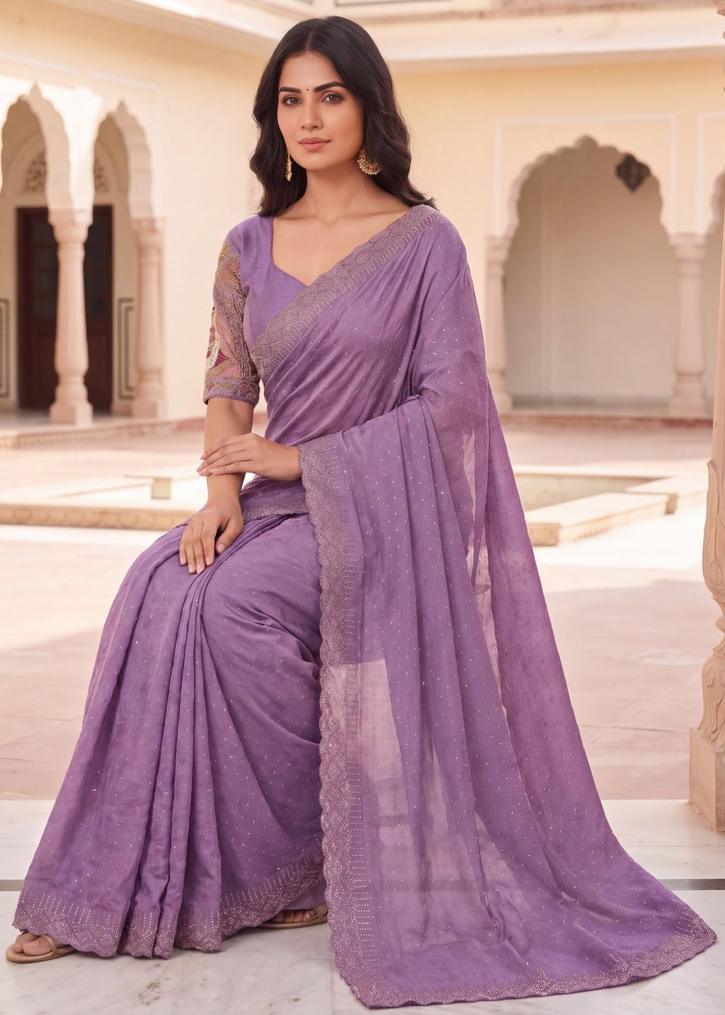 Pearl-Embellished Scalloped Border Saree