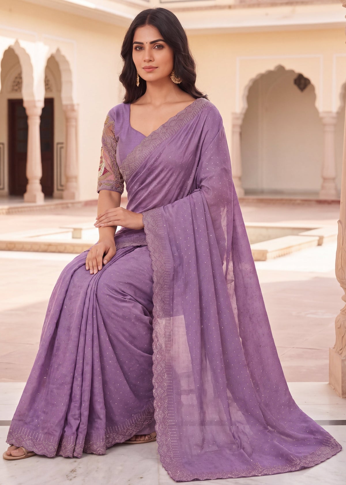 Pearl-Embellished Scalloped Border Saree