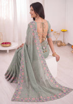 3D Floral Embroidery Two-Tone Crunchy Tissue Saree