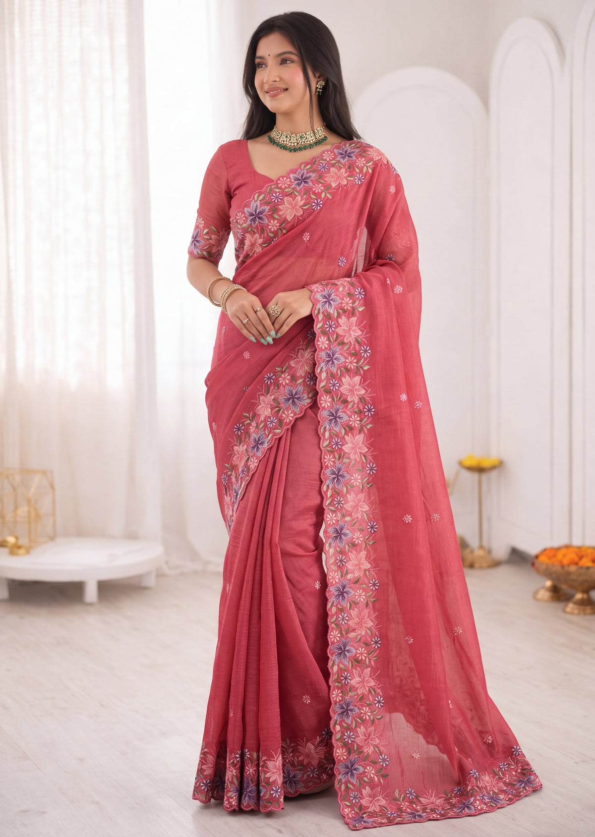 3D Floral Embroidery Two-Tone Crunchy Tissue Saree