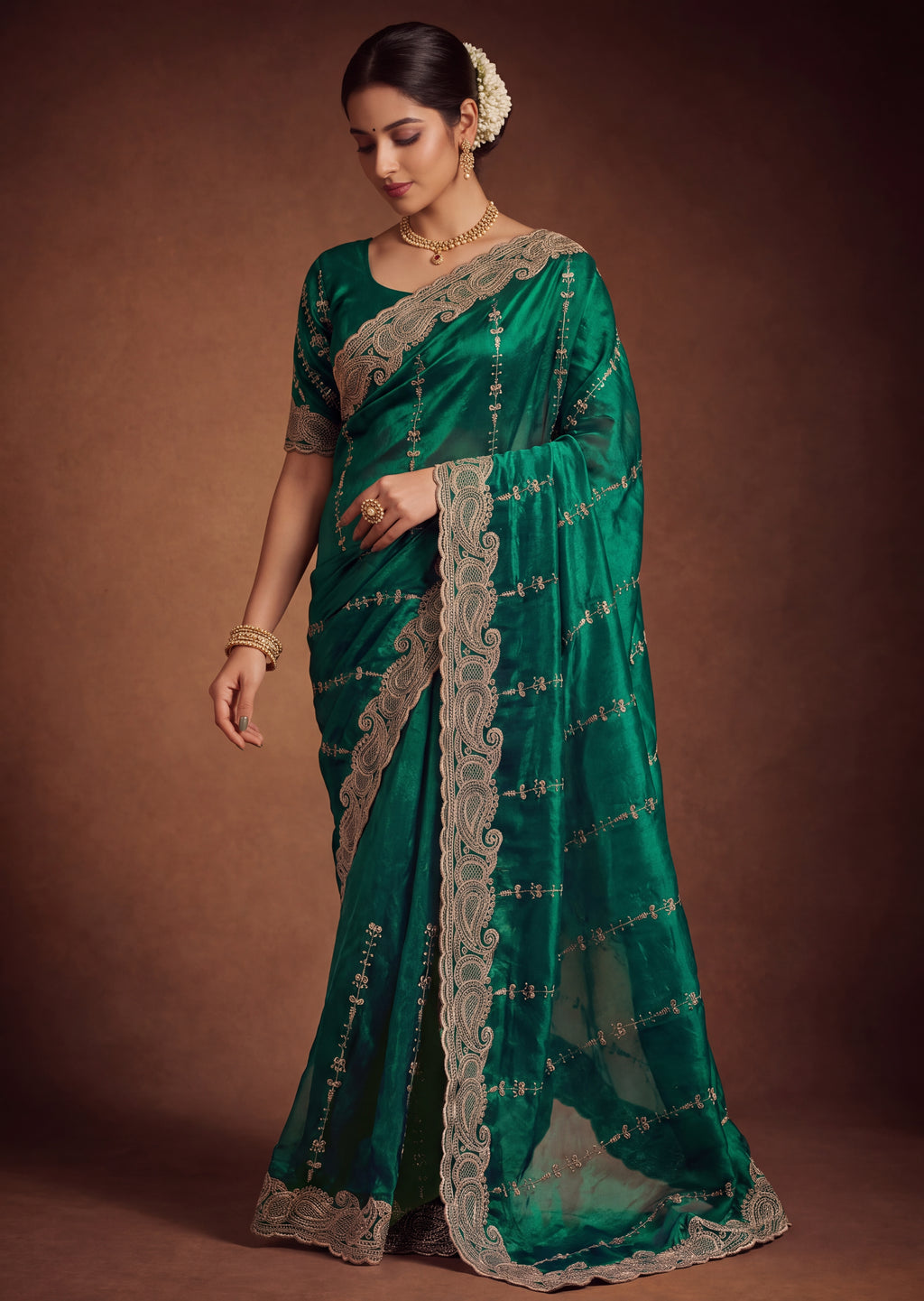 Royal Satin Striped Embroidery Designer Saree