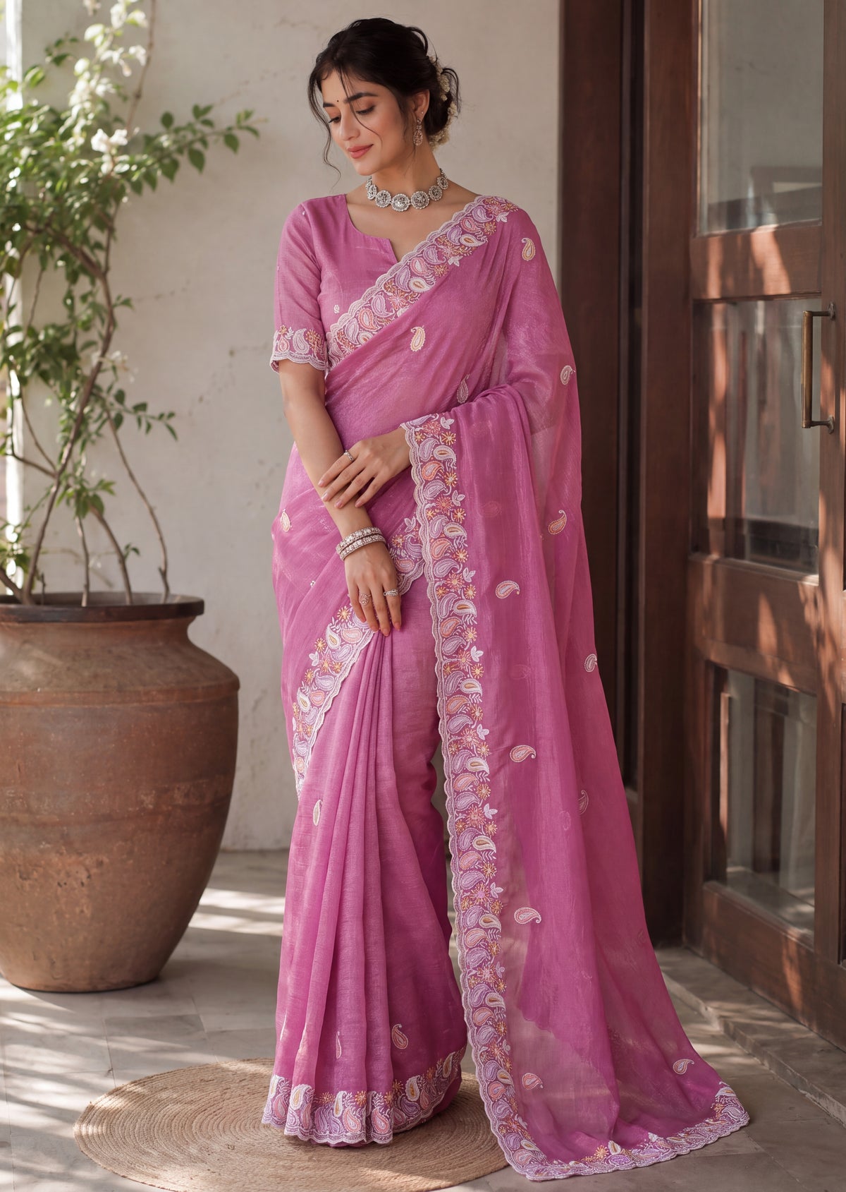 Designer Two-Tone Crunchy Tissue Saree