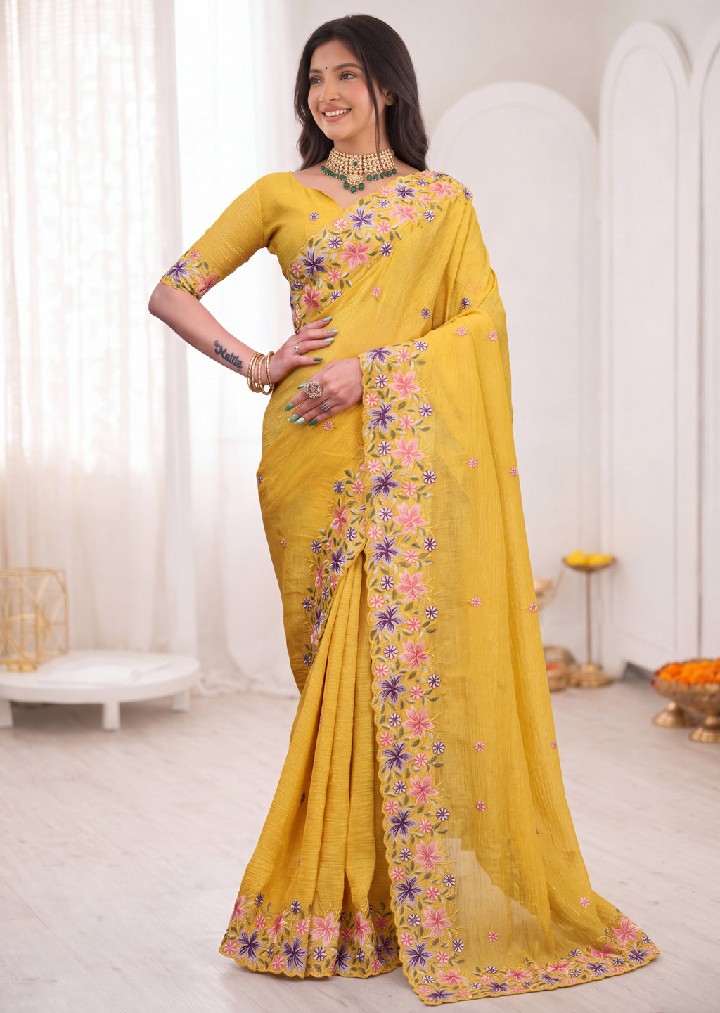 3D Floral Embroidery Two-Tone Crunchy Tissue Saree