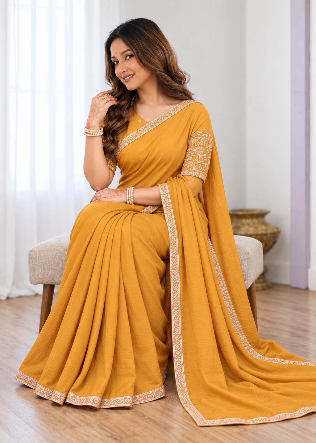 Premium Two-Tone NC Vichitra Beads Handwork Saree