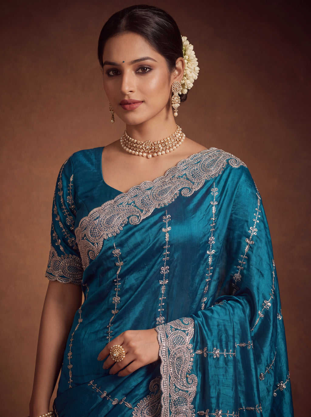 Royal Satin Striped Embroidery Designer Saree