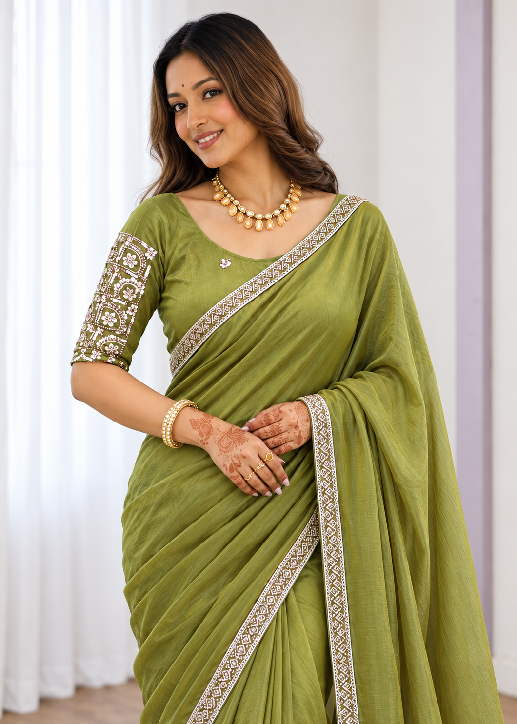 Premium Two-Tone NC Vichitra Beads Handwork Saree