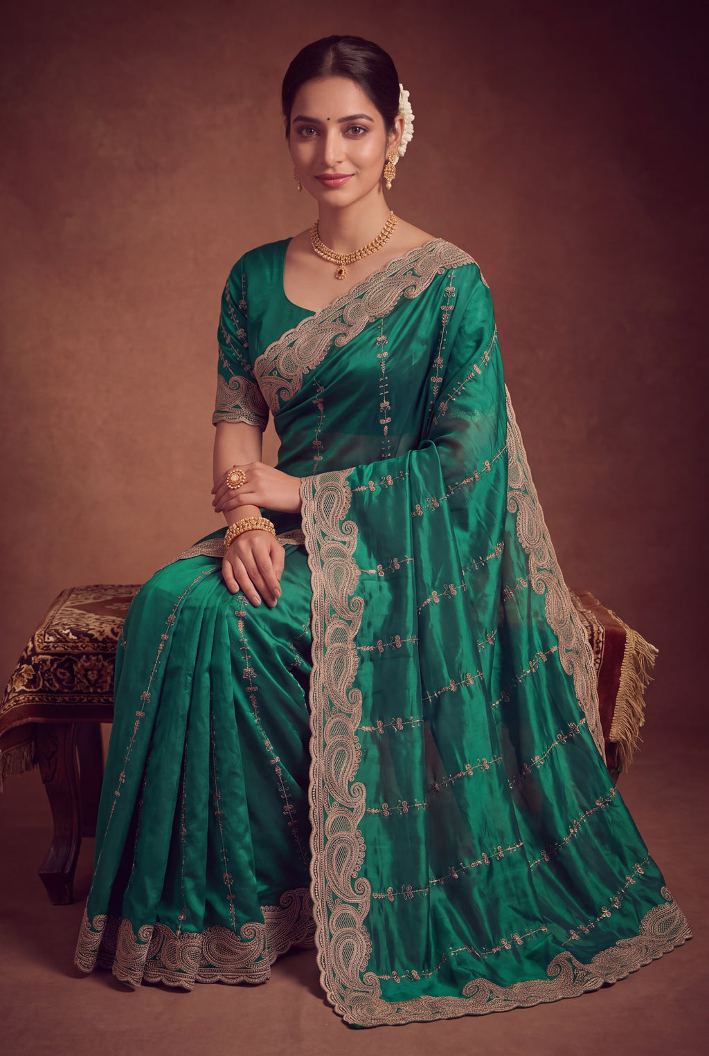 Royal Satin Striped Embroidery Designer Saree