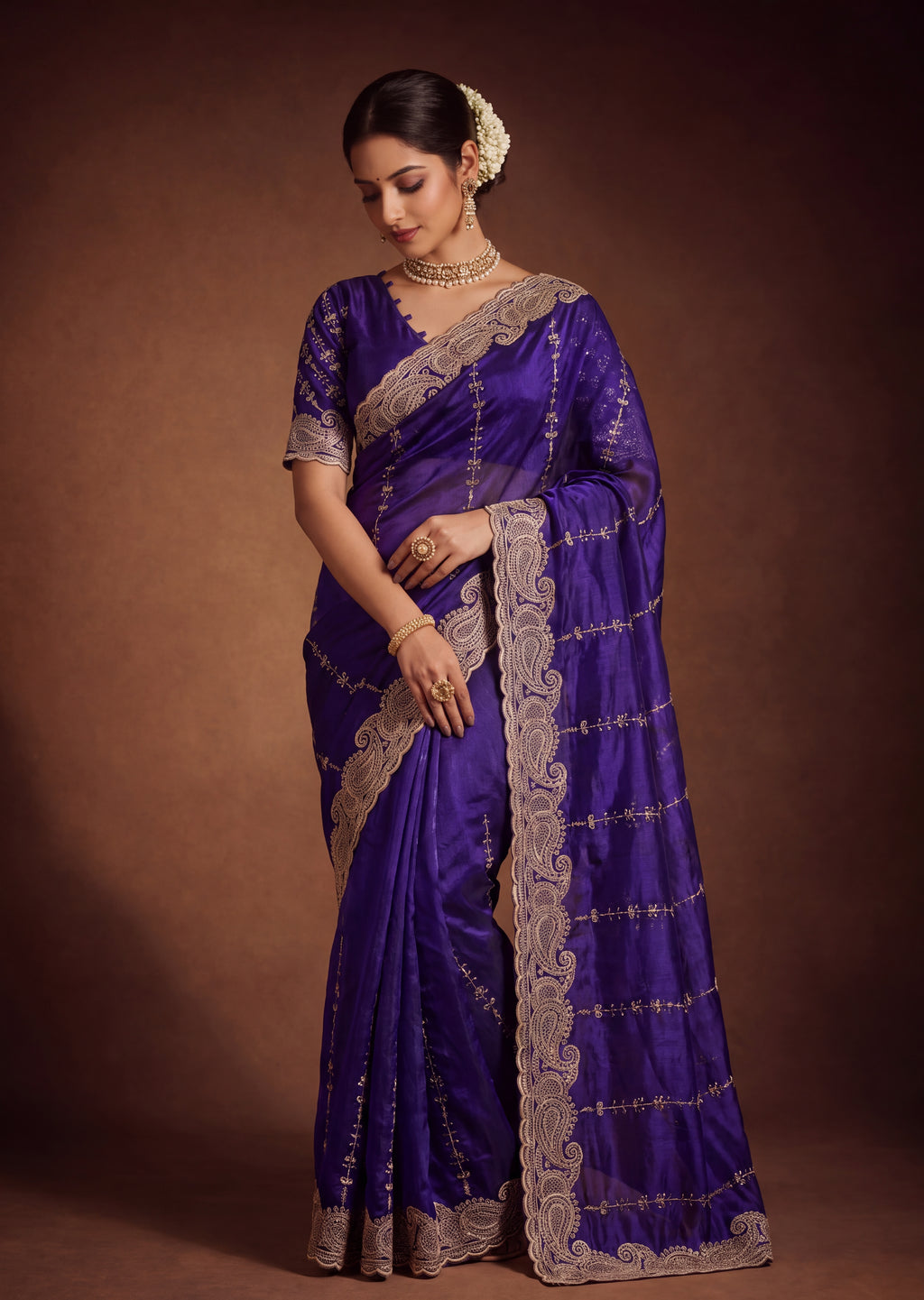 Royal Satin Striped Embroidery Designer Saree