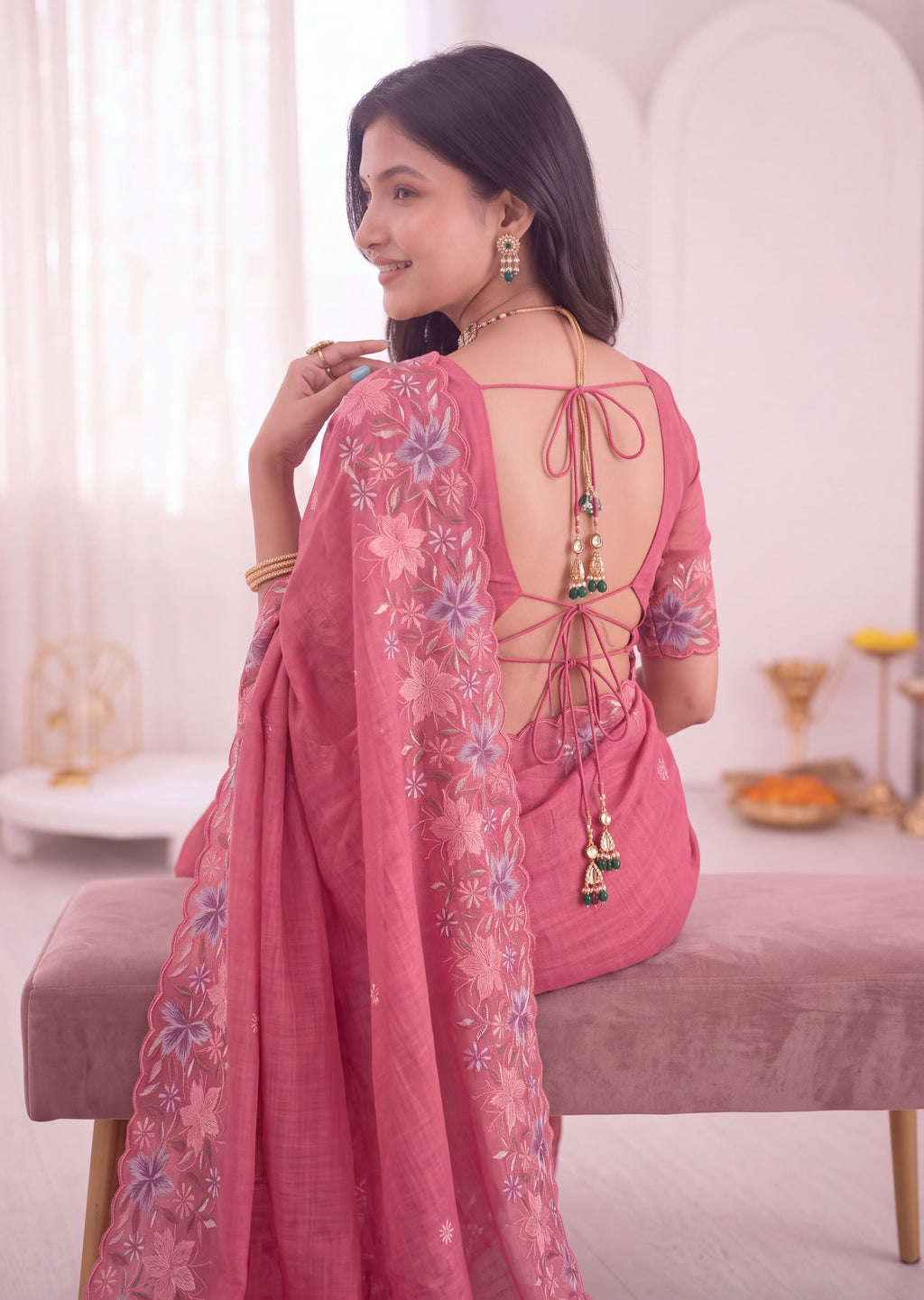3D Floral Embroidery Two-Tone Crunchy Tissue Saree