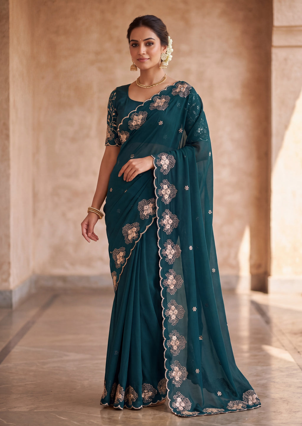 Classy Floral Embroidery Rangoli Saree