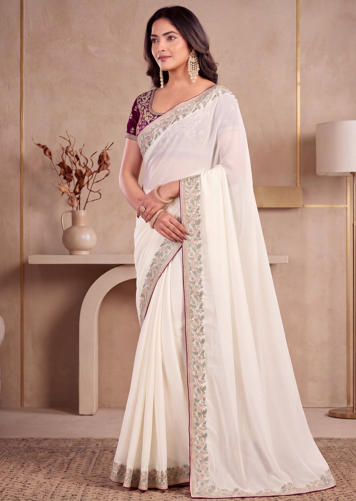 White Traditional Rangoli Chiffon Saree