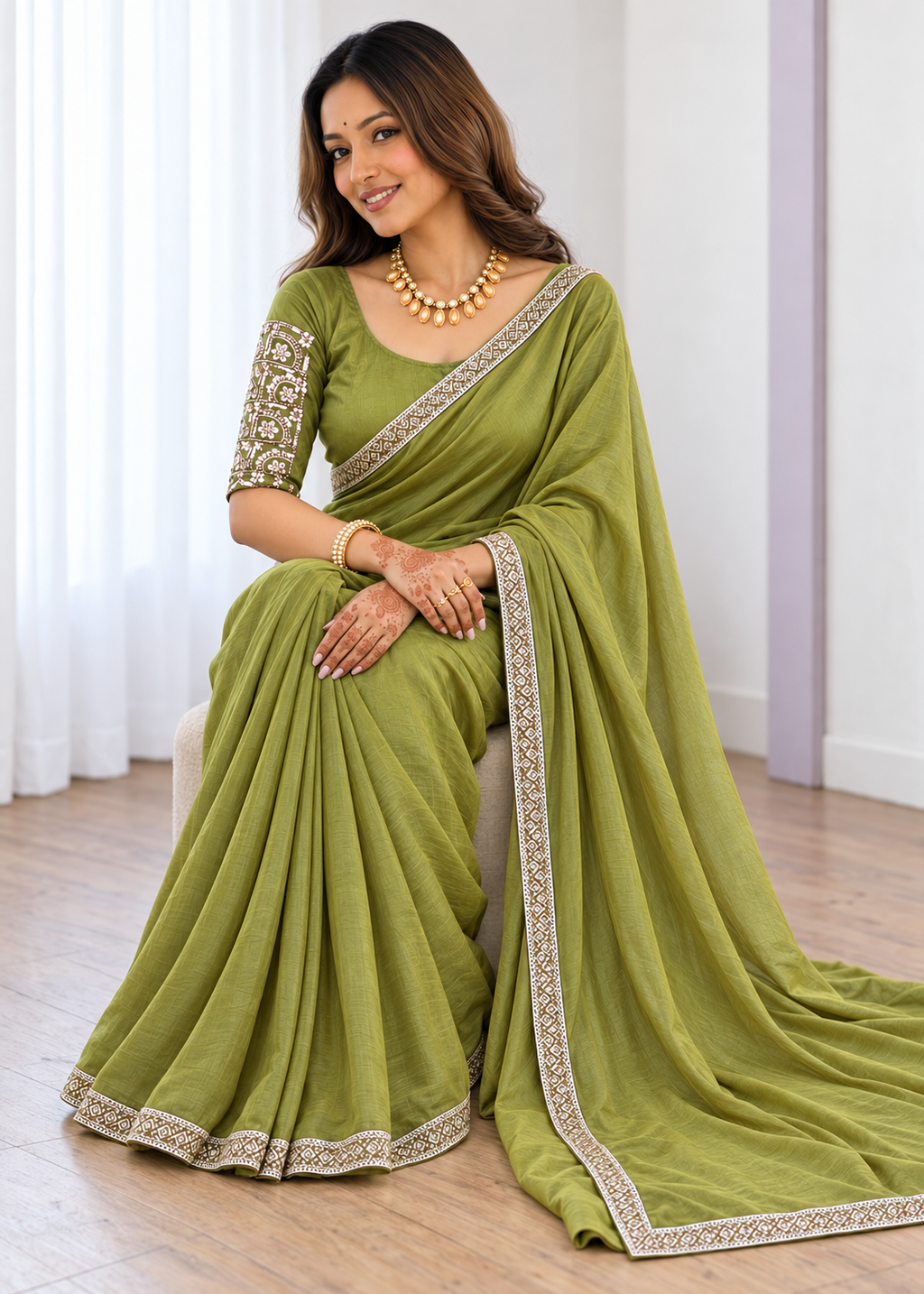 Premium Two-Tone NC Vichitra Beads Handwork Saree