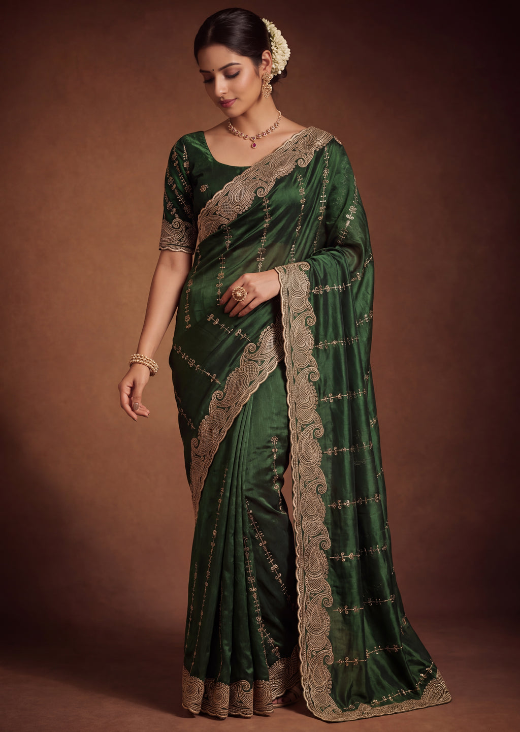 Royal Satin Striped Embroidery Designer Saree