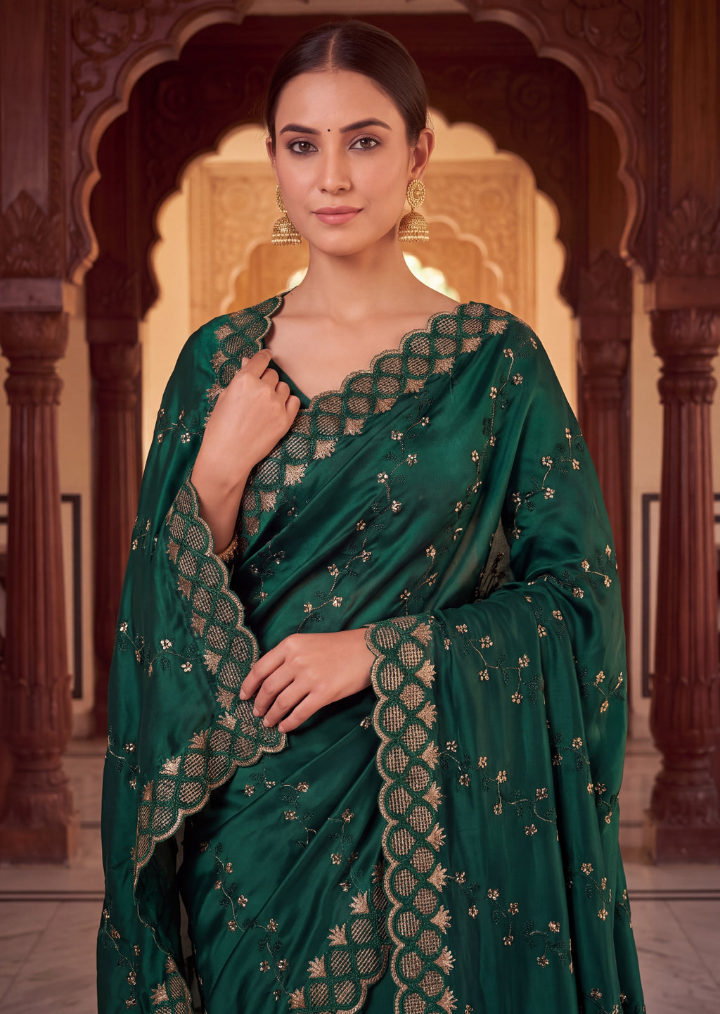 Floral Embroidered NC Satin Saree with Designer Border