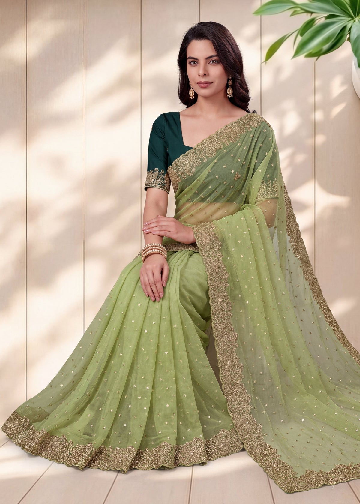 Beautiful NC Moss Butti Embroidered Saree