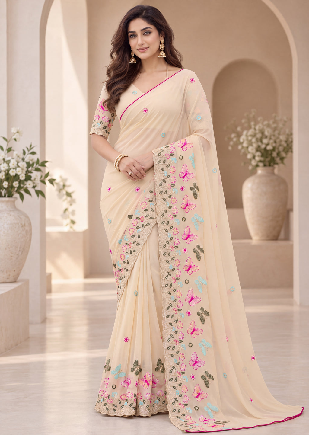 Attractive Floral Rangoli Embroidered Designer Saree