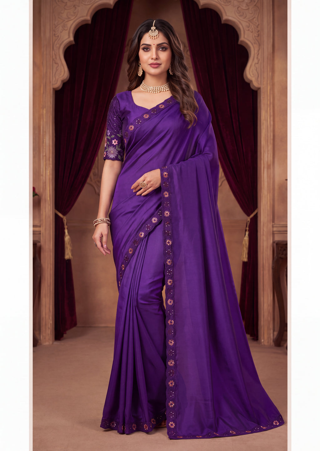 Stylist Party Wear Floral Satin Embroidered Saree