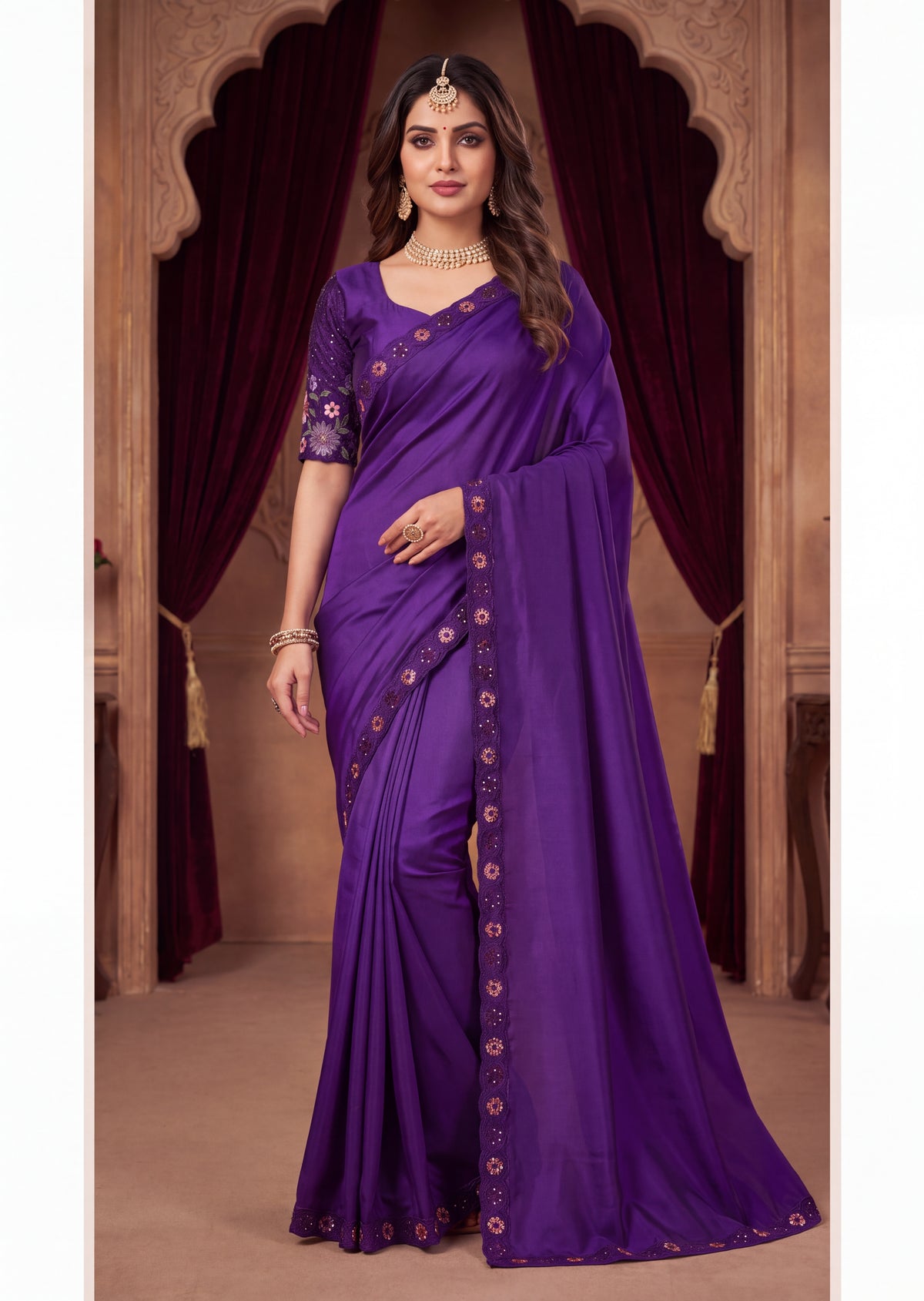 Stylist Party Wear Floral Satin Embroidered Saree