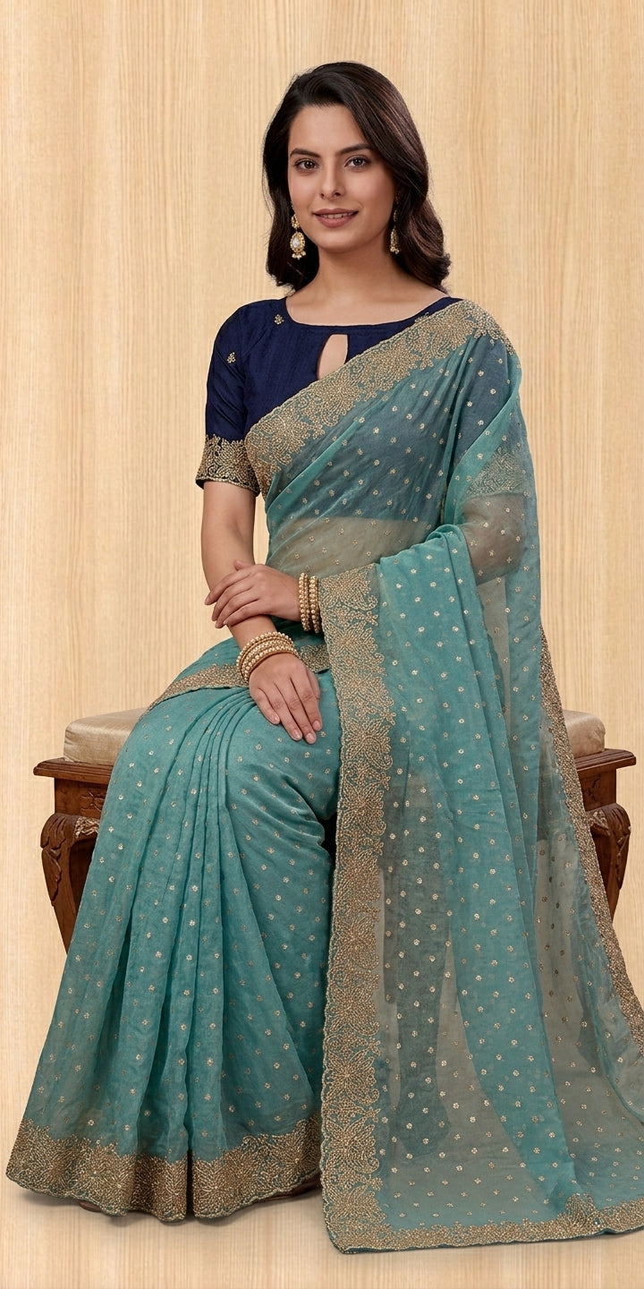 Beautiful NC Moss Butti Embroidered Saree