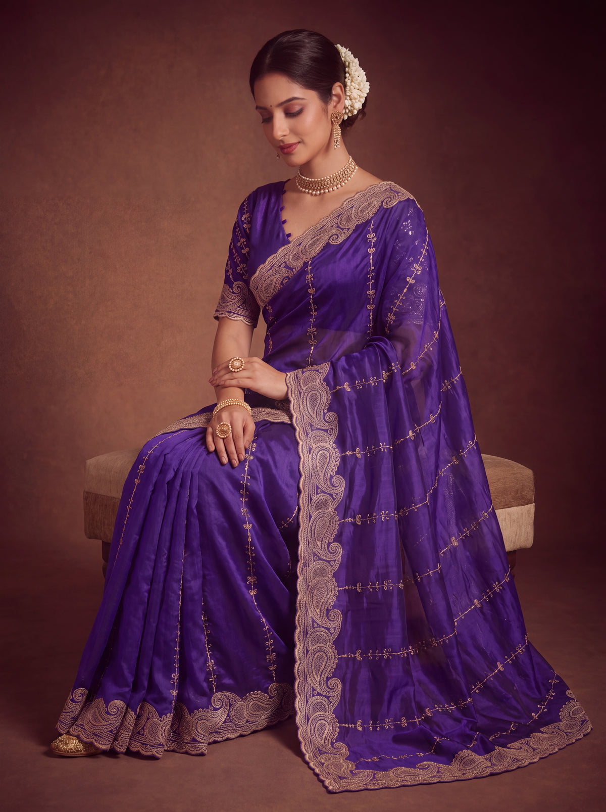 Royal Satin Striped Embroidery Designer Saree