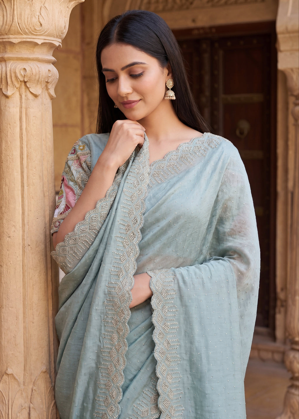 Pearl-Embellished Scalloped Border Saree