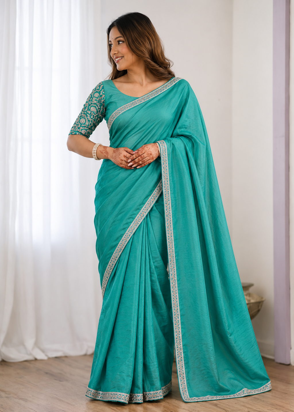 Premium Two-Tone NC Vichitra Beads Handwork Saree