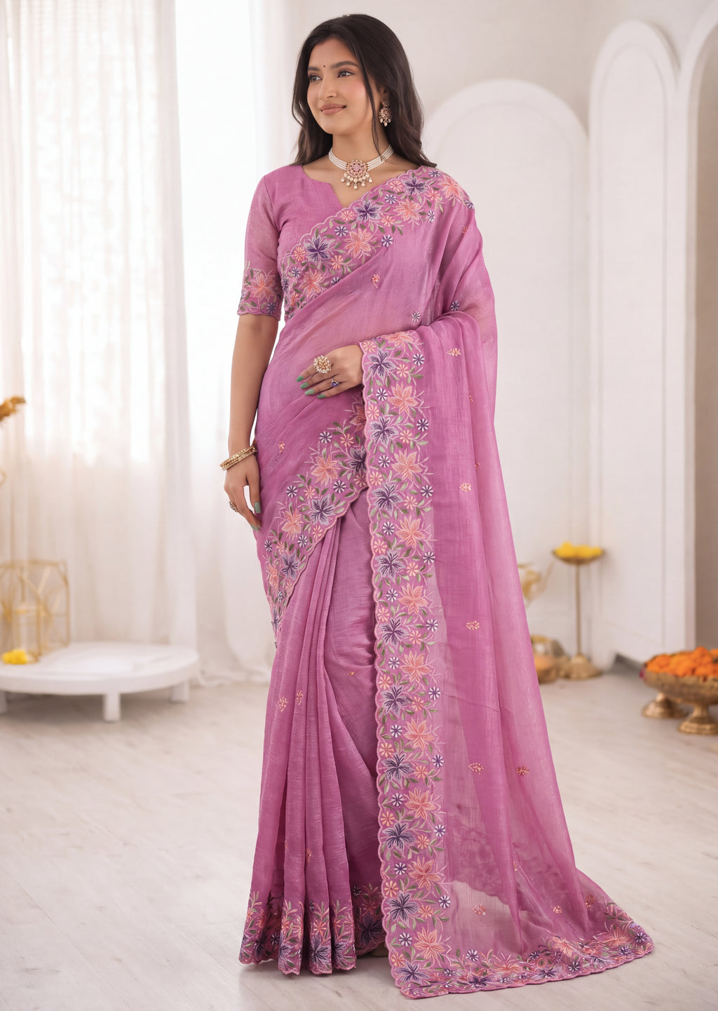 3D Floral Embroidery Two-Tone Crunchy Tissue Saree