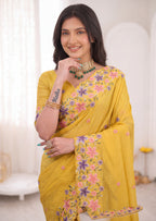 3D Floral Embroidery Two-Tone Crunchy Tissue Saree