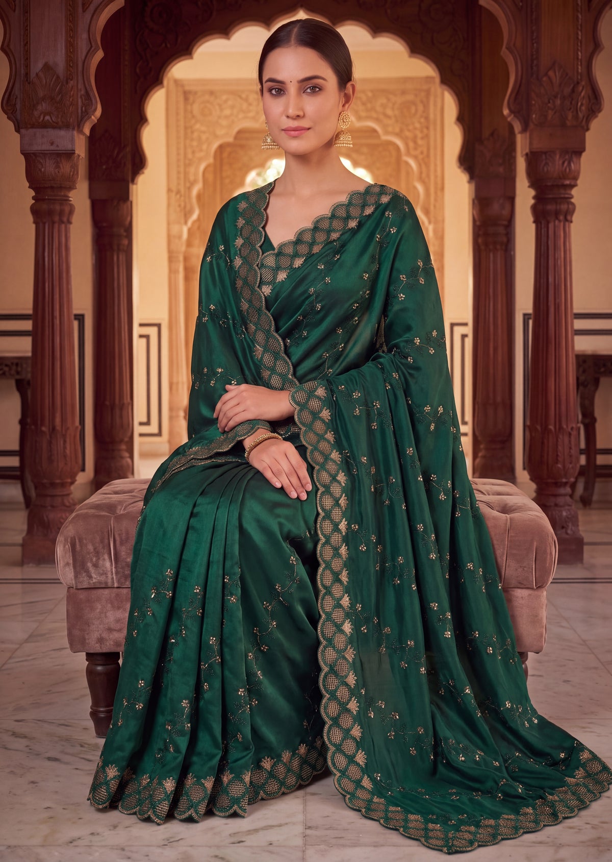 Floral Embroidered NC Satin Saree with Designer Border