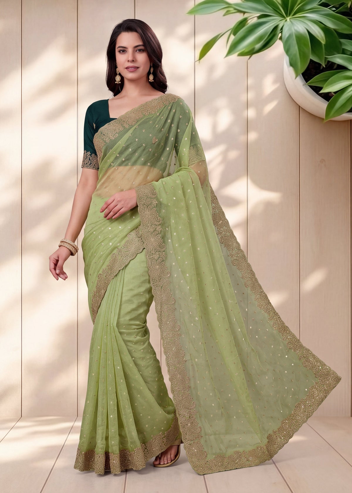 Beautiful NC Moss Butti Embroidered Saree